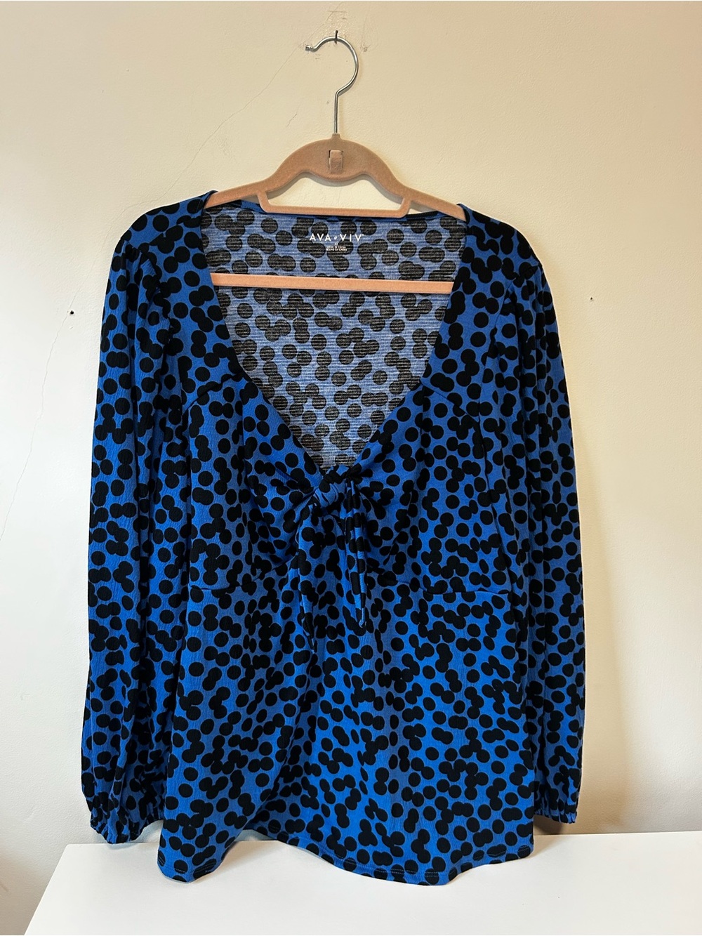 Ava & Viv Royal Blue and Black Polka Dot Tie-Front V-Neck Blouse